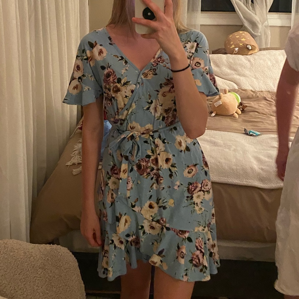 blue floral wrap dress